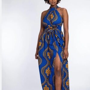 African Dress Diyanu Ankara Vibrant Blue and Orange Halter Maxi Dress